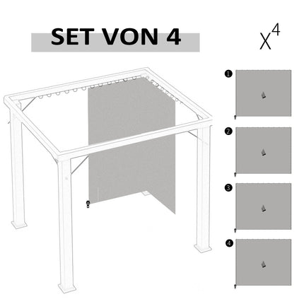 4 zijpanelen voor 3x3 m paviljoen zijwanden met haken, polyester lichtgrijs, ideaal voor tuinpaviljoen & partytent 302 x 205 cm