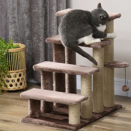 Haustiertreppe mit Kratzbaum, Plüsch, braun, 60x40x64 cm