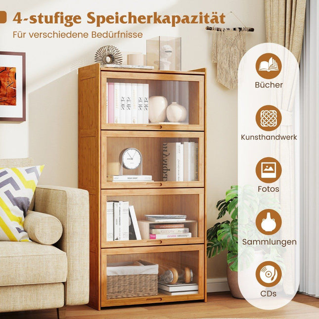 4-stöckiges Bücherregal mit Acryltüren Vitrine aus Bambus 69 x 34 x 140 cm natur