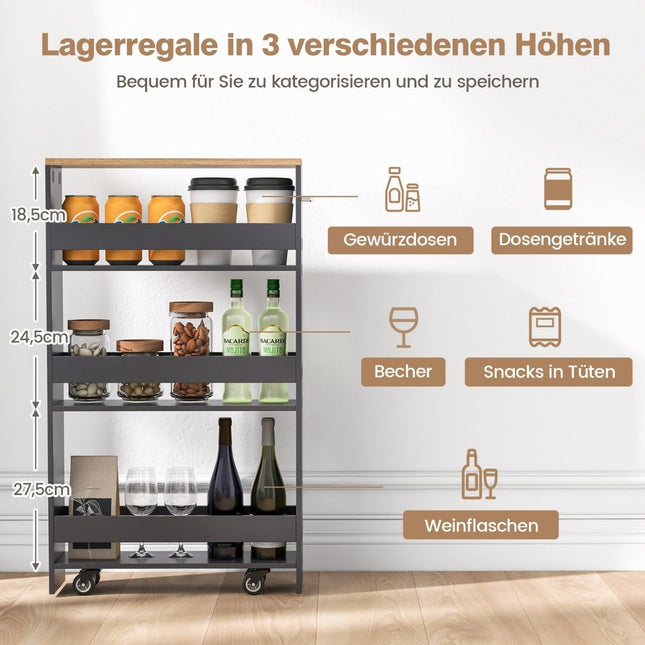 4-stöckiges Nischenregal auf Holzrollen mit Griff Küchenwagen 47,5 x 20 x 80,5 cm Grau + Natur