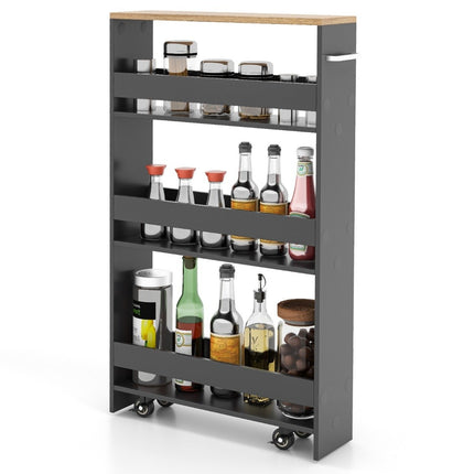 4-stöckiges Nischenregal auf Holzrollen mit Griff Küchenwagen 47,5 x 20 x 80,5 cm Grau + Natur