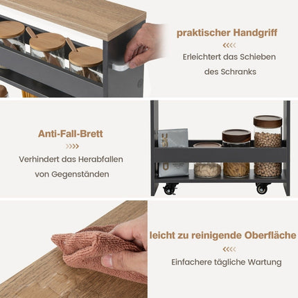 4-stöckiges Nischenregal auf Holzrollen mit Griff Küchenwagen 47,5 x 20 x 80,5 cm Grau + Natur