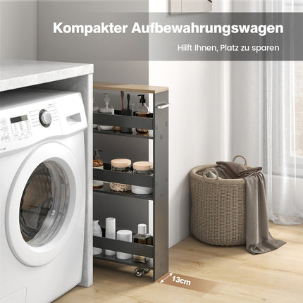 4-stöckiges Nischenregal auf Holzrollen mit Griff Küchenwagen 47,5 x 20 x 80,5 cm Grau + Natur