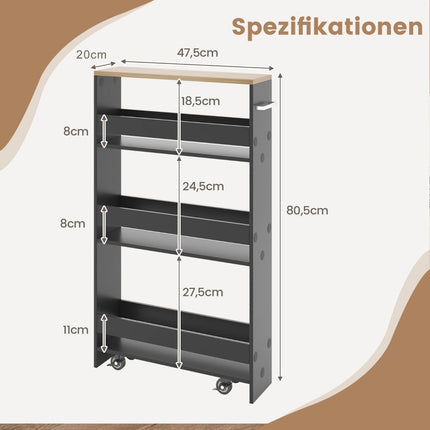 4-stöckiges Nischenregal auf Holzrollen mit Griff Küchenwagen 47,5 x 20 x 80,5 cm Grau + Natur