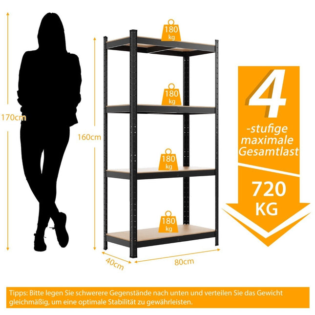 4-stöckiges Lagerregal mit Metallrahmen, Schwerlastregal, belastbar bis 720 kg, Metallregal, schwarz