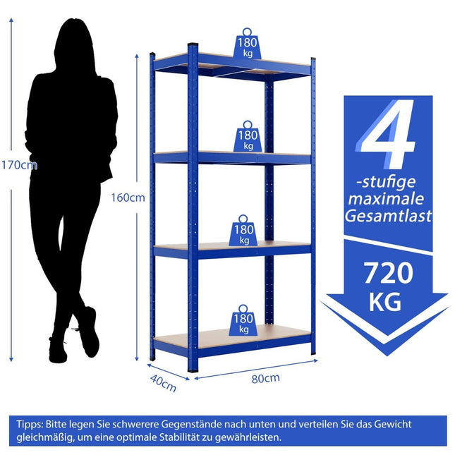 4-stöckiges Lagerregal mit Metallrahmen, Schwerlastregal, belastbar bis 720 kg, Metallregal, blau