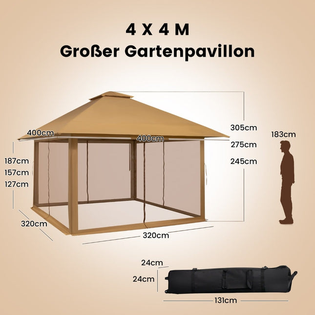 4x4m Outdoor-Pavillon mit Netzseitenwänden, UV-Schutz