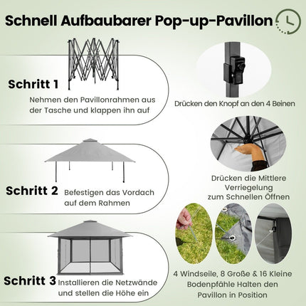 4 x 4 m gazebo garden pavilion with mesh side walls UV protection 50+ grey