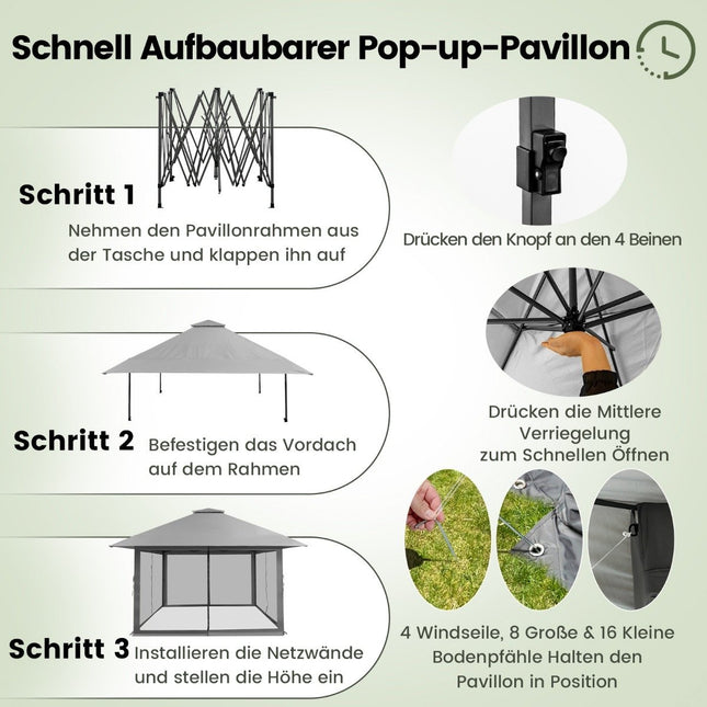 4 x 4 m Pavillon Gartenpavillon mit Netzseitenwänden UV-Schutz 50+ grau