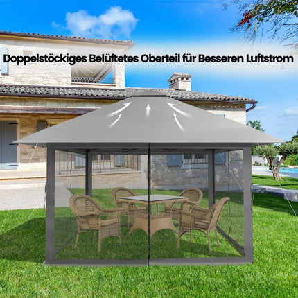 4 x 4 m gazebo garden pavilion with mesh side walls UV protection 50+ grey