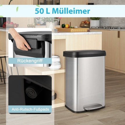 50L Kitchen Trash Can with Soft Closing Lid & Deodorization Compartment Waste Bin Silver