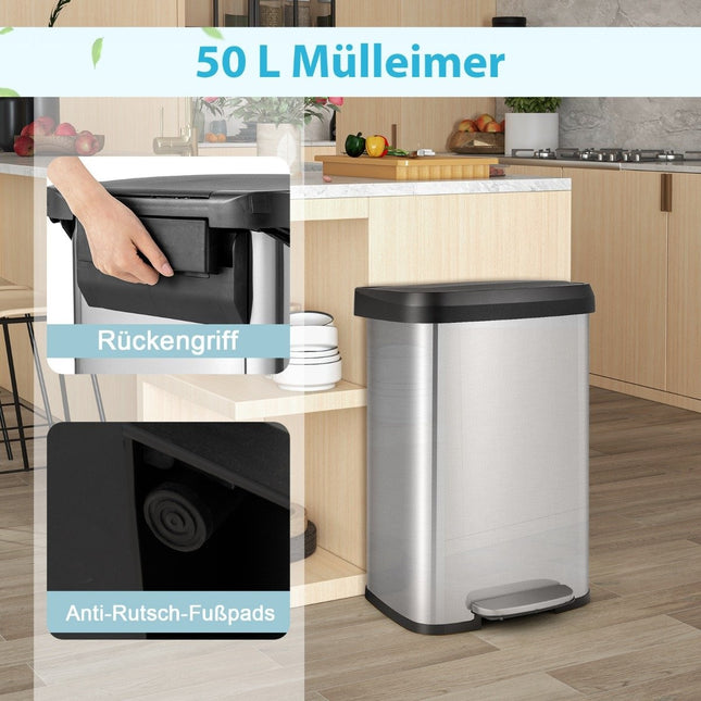 Poubelle de cuisine 50 L avec couvercle à fermeture douce et compartiment désodorisant, couleur argent