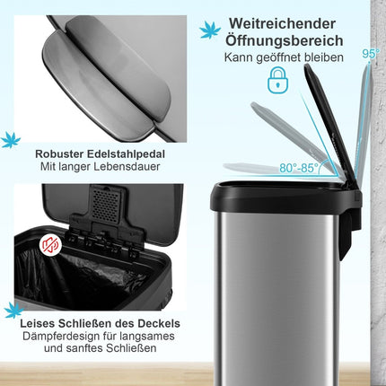 50L Kitchen Trash Can with Soft Closing Lid & Deodorization Compartment Waste Bin Silver