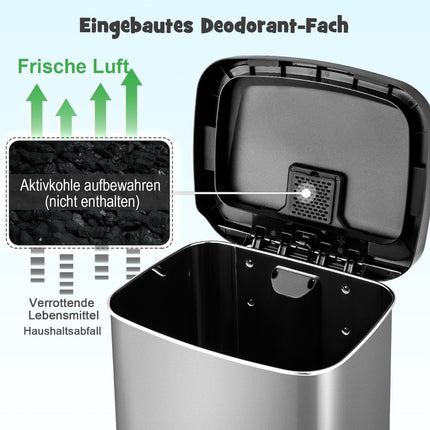 50L Kitchen Trash Can with Soft Closing Lid & Deodorization Compartment Waste Bin Silver