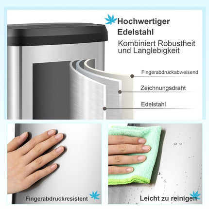 50L Kitchen Trash Can with Soft Closing Lid & Deodorization Compartment Waste Bin Silver