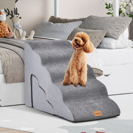 5- und 3-stufige Hundetreppe mit Chenille-Stoffoberfläche und Tierhaarbürste, rutschfest, Grau