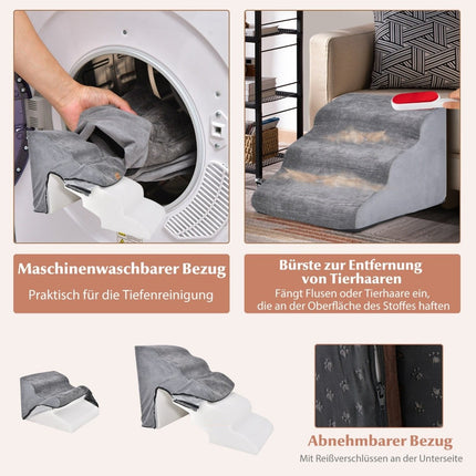 5- und 3-stufige Hundetreppe mit Chenille-Stoffoberfläche und Tierhaarbürste, rutschfest, Grau
