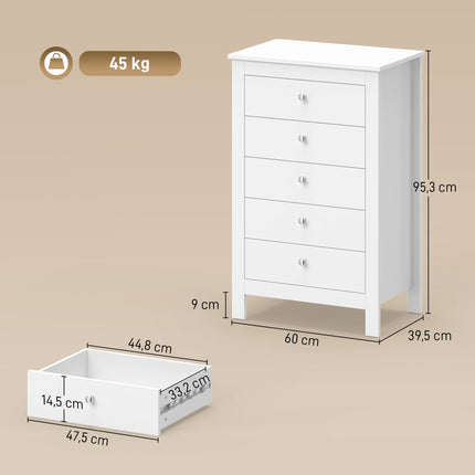5-Drawer Chest of Drawers 60 x 39.5 x 95.3 cm for Bedroom, White, Anti-Tip Kit
