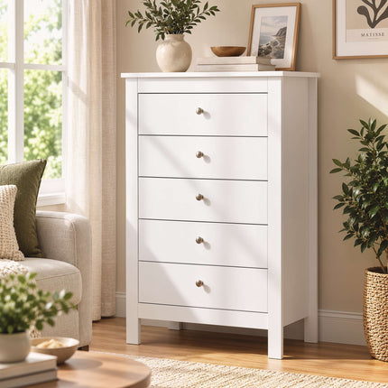 5-Drawer Chest of Drawers 60 x 39.5 x 95.3 cm for Bedroom, White, Anti-Tip Kit