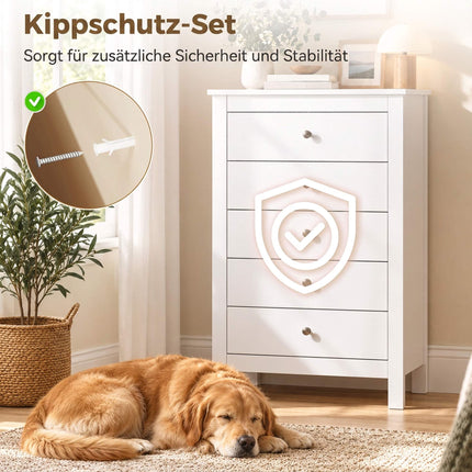 5-Drawer Chest of Drawers 60 x 39.5 x 95.3 cm for Bedroom, White, Anti-Tip Kit