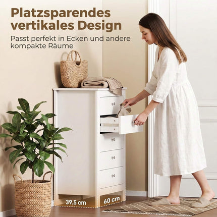 5-Drawer Chest of Drawers 60 x 39.5 x 95.3 cm for Bedroom, White, Anti-Tip Kit