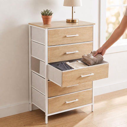 5-Drawer Fabric Chest, Wood Look, 94x45x30 cm