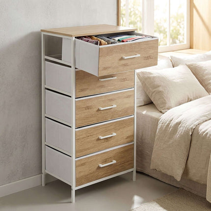 5-Drawer Fabric Chest, Wood Look, 94x45x30 cm