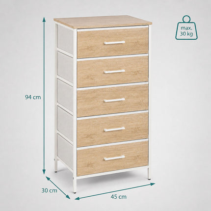 5-Drawer Fabric Chest, Wood Look, 94x45x30 cm