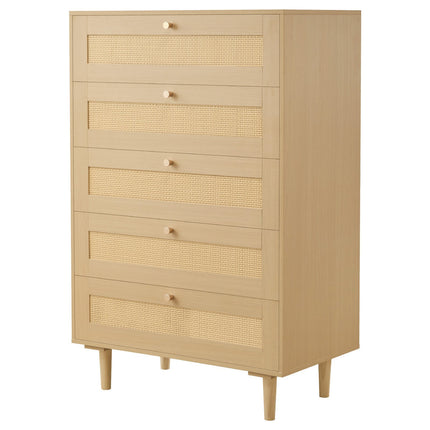 5-Drawer Rattan Dresser – Metal Handles, Wood Legs
