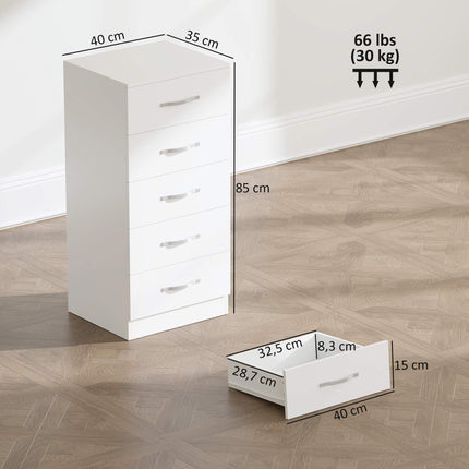 Bílá komoda s 5 zásuvkami, dřevotříska, úsporný design