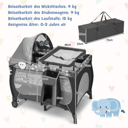 5 IN 1 Babybed Draagbaar Zijbed Reisbedje met Opvouwbaar Matras 102 cm x 72 cm x 74 cm Grijs