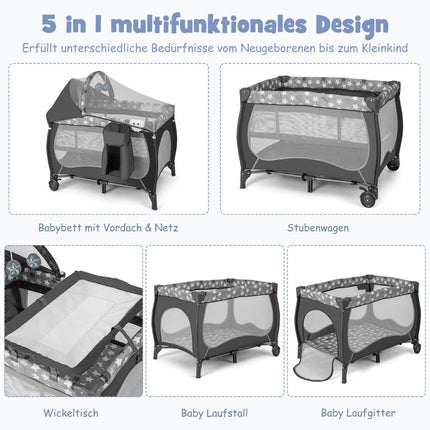 5 IN 1 Babybed Draagbaar Zijbed Reisbedje met Opvouwbaar Matras 102 cm x 72 cm x 74 cm Grijs