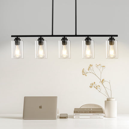 5-Light Kitchen Island Pendant Light, Adjustable, Clear Glass