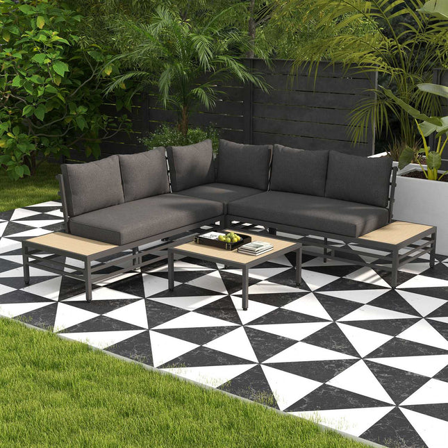 Graue 5-teilige Garten-Lounge-Garnitur, Sofa und Tisch mit Kissen
