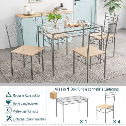 5 Piece Dining Room Set Rectangular Glass Dining Table with 4 Chairs & Rustproof Metal Frame