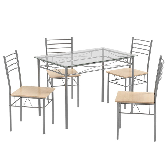 5-teiliges Esszimmer-Set, rechteckiger Glas-Esstisch mit 4 Stühlen und rostfreiem Metallrahmen
