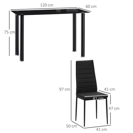 5-teiliges Esszimmer-Set mit Tisch aus gehärtetem Glas und schwarzen Stühlen