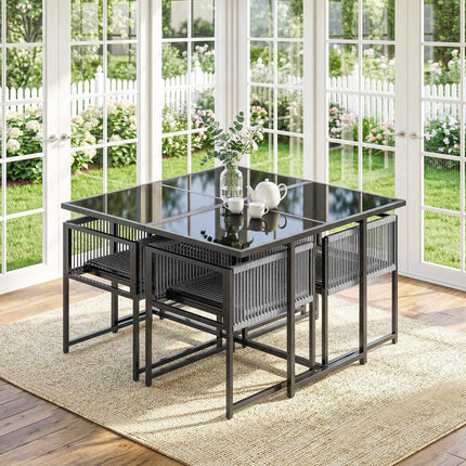5-Piece Outdoor Dining Set with Glass Table and Folding Chairs