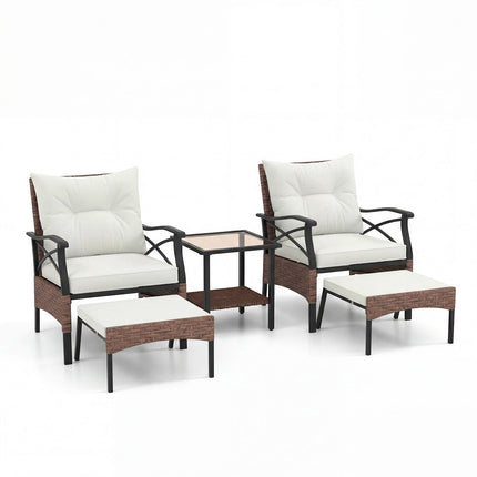 5-teiliges Outdoor-Rattan-Terrassenset mit Hockern, Beige