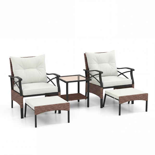 5-teiliges Outdoor-Rattan-Terrassenset mit Hockern, Beige