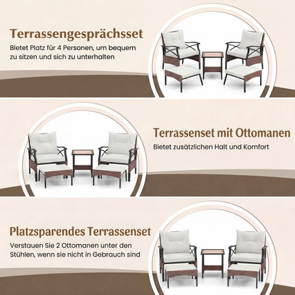 5-teiliges Outdoor-Rattan-Terrassenset mit Hockern, Beige