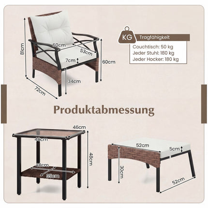 5-teiliges Outdoor-Rattan-Terrassenset mit Hockern, Beige