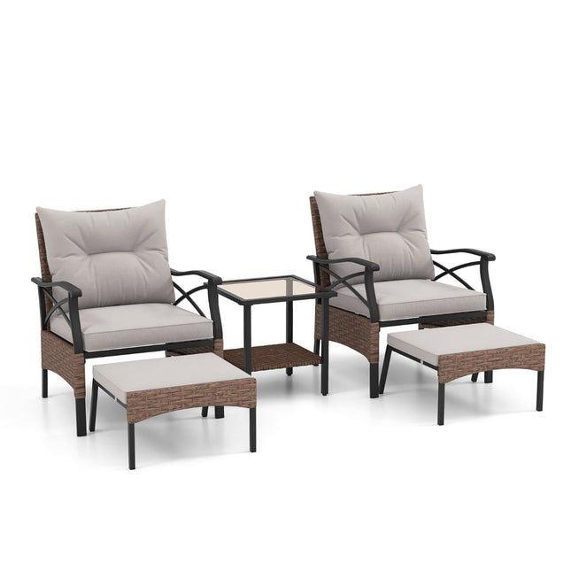5-teiliges Gartenset aus Polyrattan mit Kissen, Tisch und Hockern