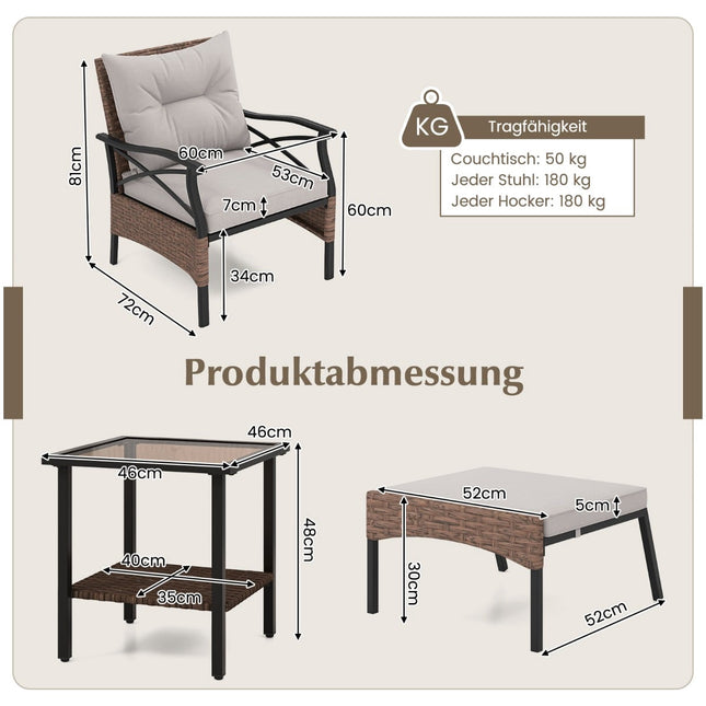 5-teiliges Gartenset aus Polyrattan mit Kissen, Tisch und Hockern