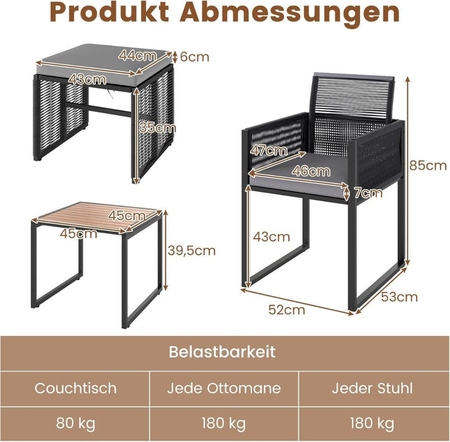 5-teiliges Rattan-Loungeset mit Kissen und Tisch