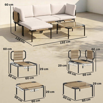 5-teiliges Rattan-Loungeset mit Kissen und Tisch