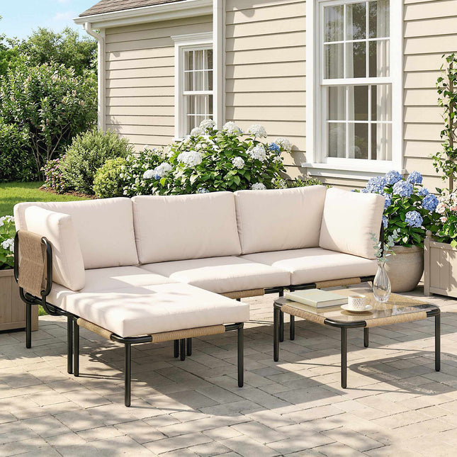 5-teiliges Rattan-Loungeset mit Kissen und Tisch