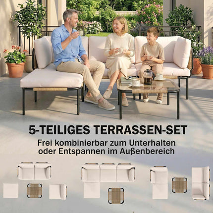 5-teiliges Rattan-Loungeset mit Kissen und Tisch