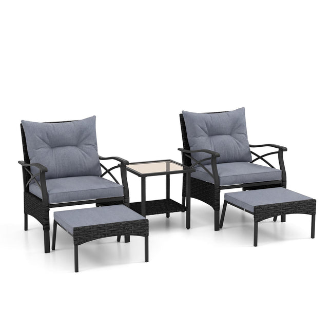 5-teiliges Korbsessel-Set mit Hockern, Grau