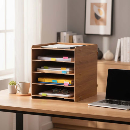 5-Slot MDF Letter Tray – Dark Brown Wood-Effect Organizer